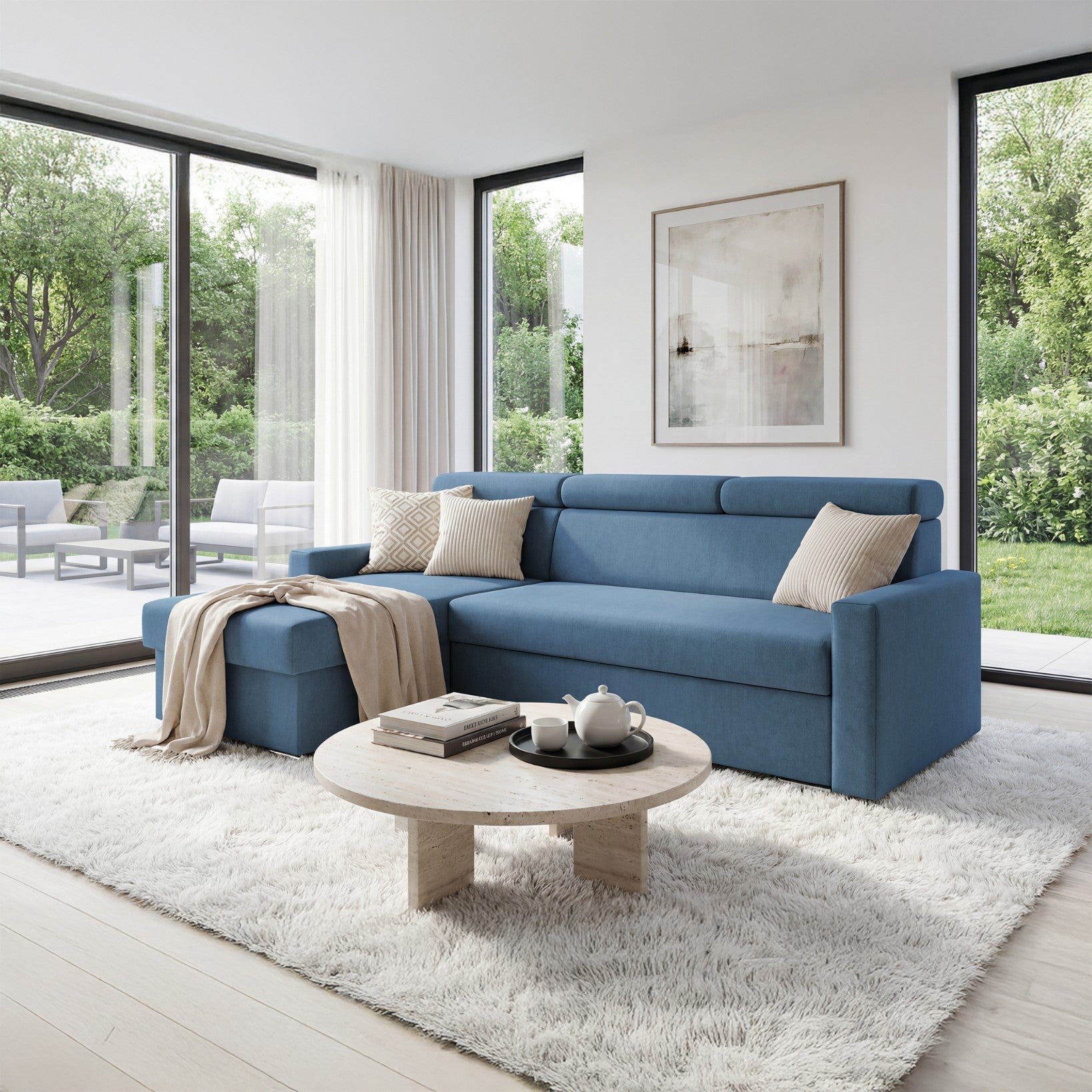 Ecksofa Vega L mit Schlaffunktion und Bettkasten – (Blau)– Sofiland