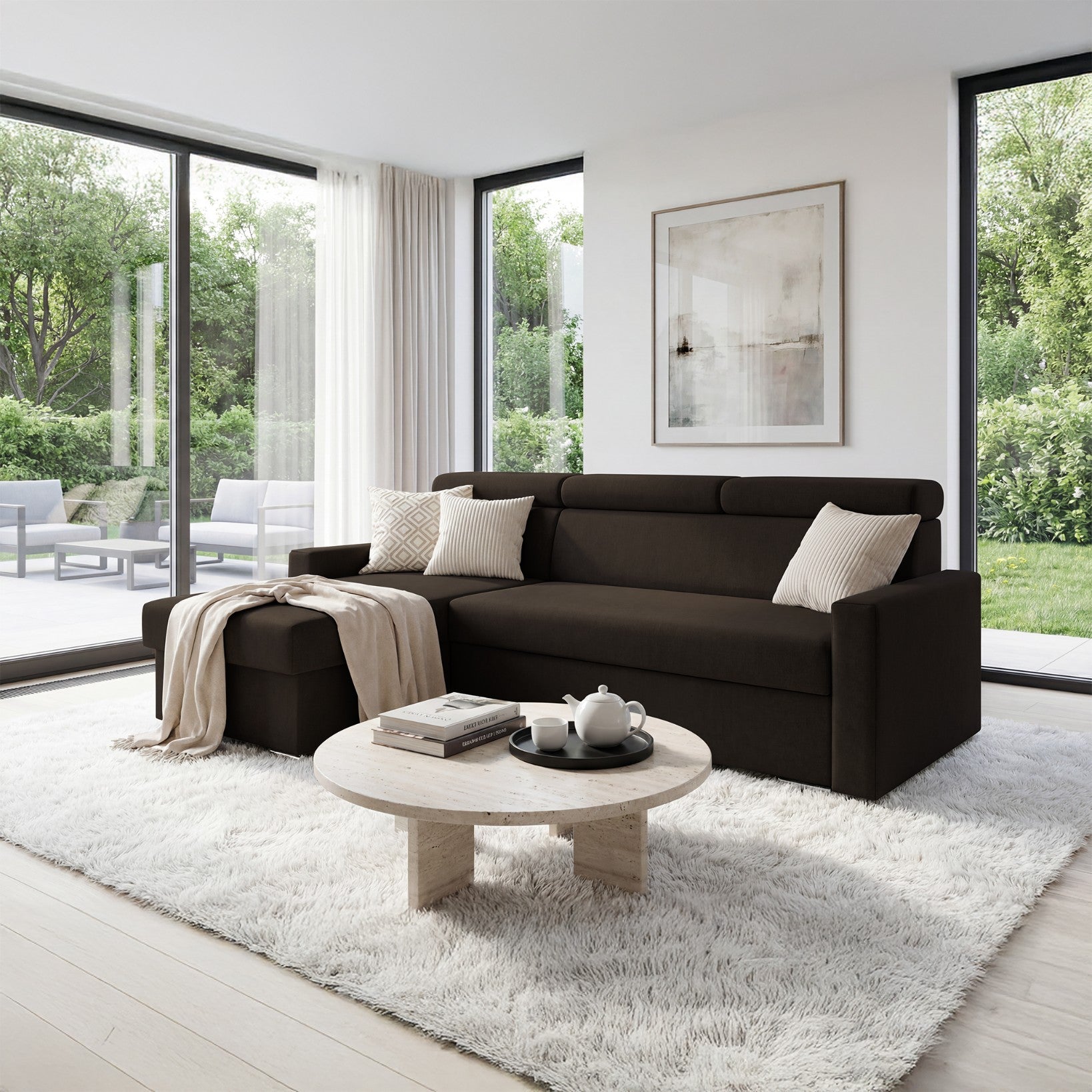 Ecksofa Vega L mit Schlaffunktion und Bettkasten – (Braun)– Sofiland