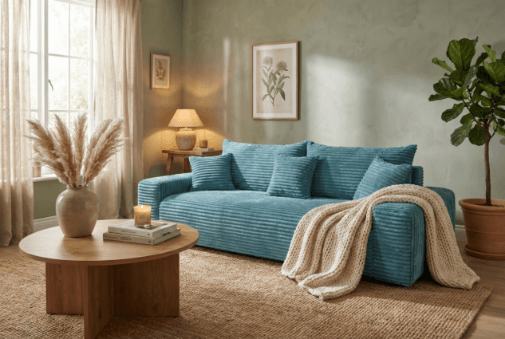 Sofa CORDO – Schlafsofa mit Bettkasten, Cord-Sofa 265 x 105 cm, blau 7– Sofiland