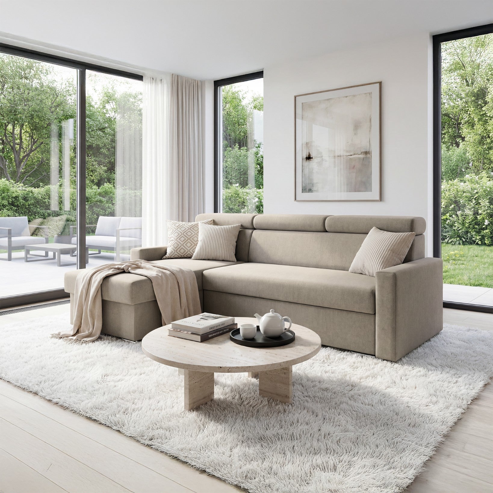 Ecksofa Vega L mit Schlaffunktion und Bettkasten – (Beige)– Sofiland