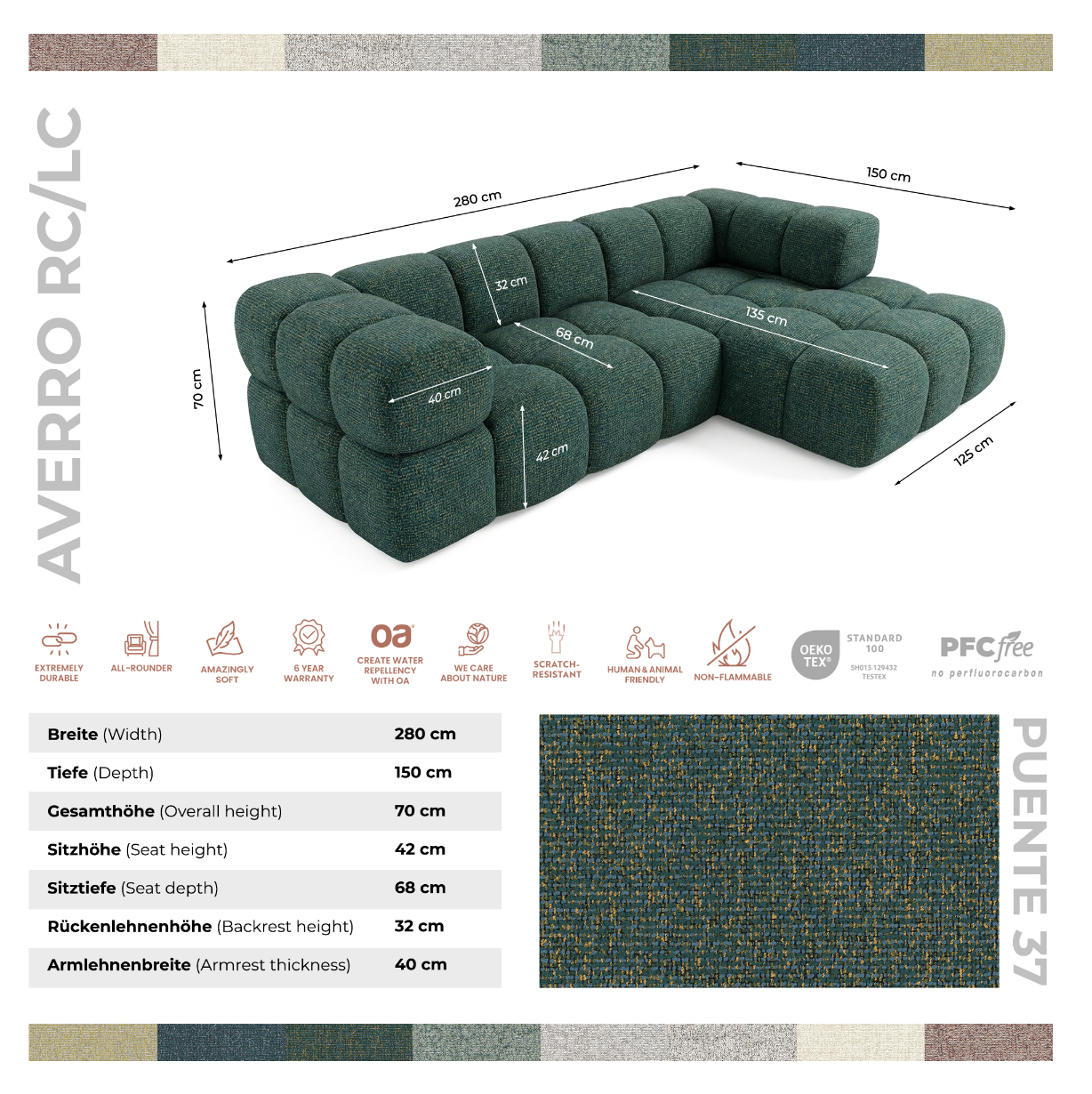 Kanapa narożna AVERRO 280 x 150 cm z pufem po PRAWEJ stronie – nowoczesna kanapa typu „bubble”