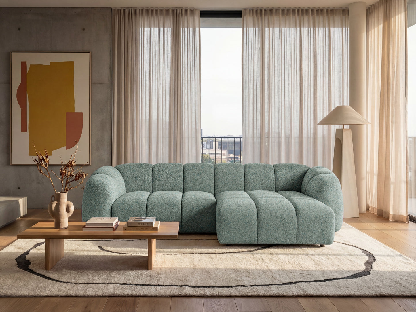 Narożna sofa Mali Design 280 x 150 cm w kształcie litery L - Puf po prawej stronie