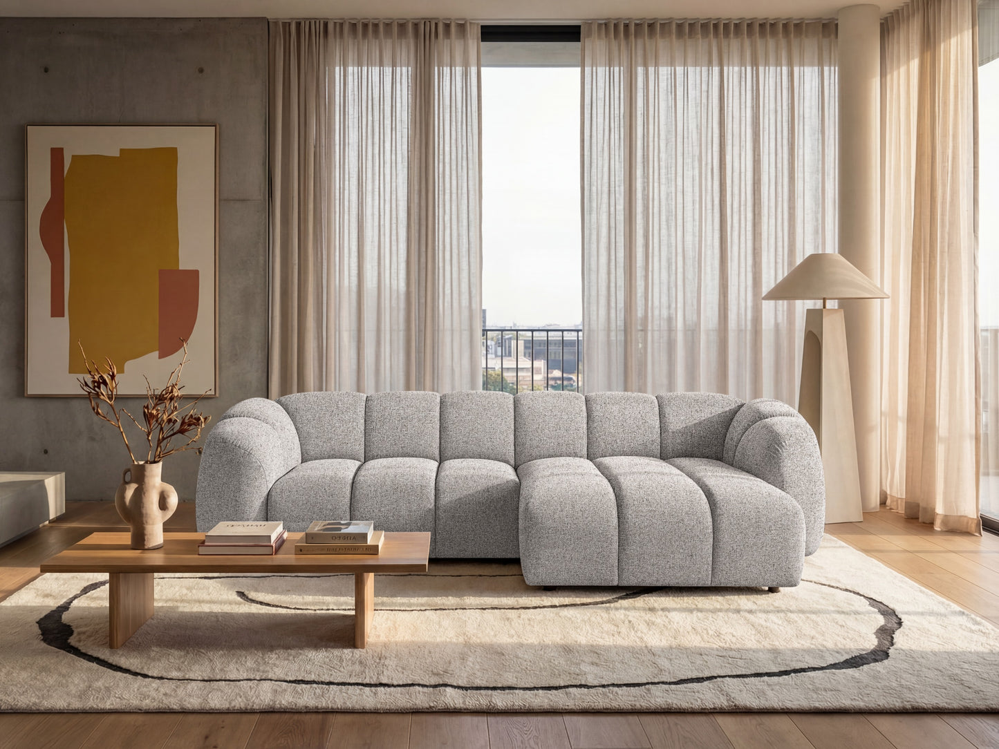 Narożna sofa Mali Design 280 x 150 cm w kształcie litery L - Puf po prawej stronie