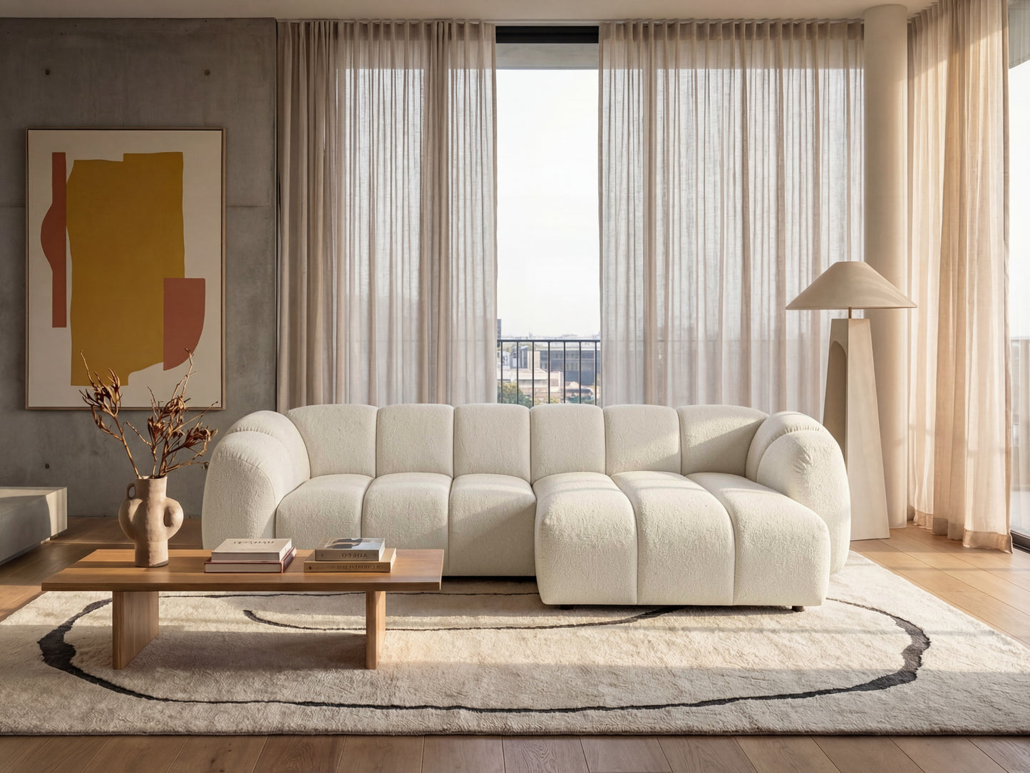 Narożna sofa Mali Design 280 x 150 cm w kształcie litery L - Puf po prawej stronie