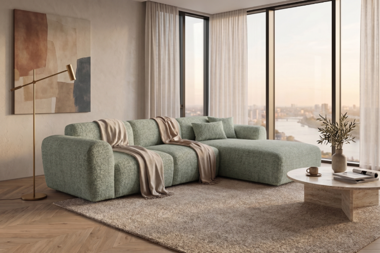 Designowa sofa narożna GIN 310 x 192 cm | Półokrągła podnóżka po prawej stronie