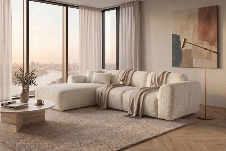 Designowa sofa narożna GIN 310 x 192 cm w kształcie litery L, pufa po lewej stronie
