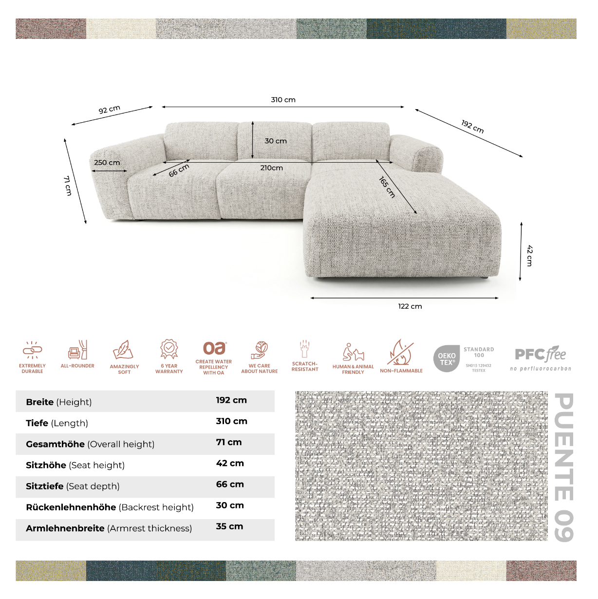 Designowa sofa narożna GIN 310 x 192 cm | Półokrągła podnóżka po prawej stronie