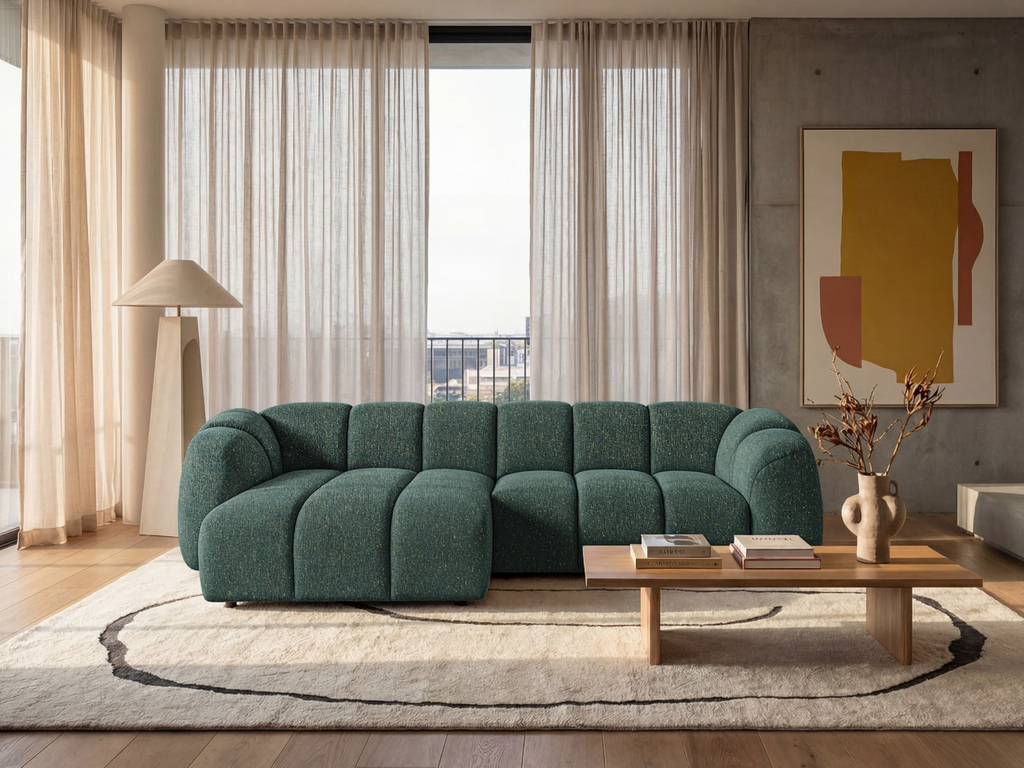 Narożna sofa Mali Design 280 x 150 cm w kształcie litery L - Puf po lewej stronie