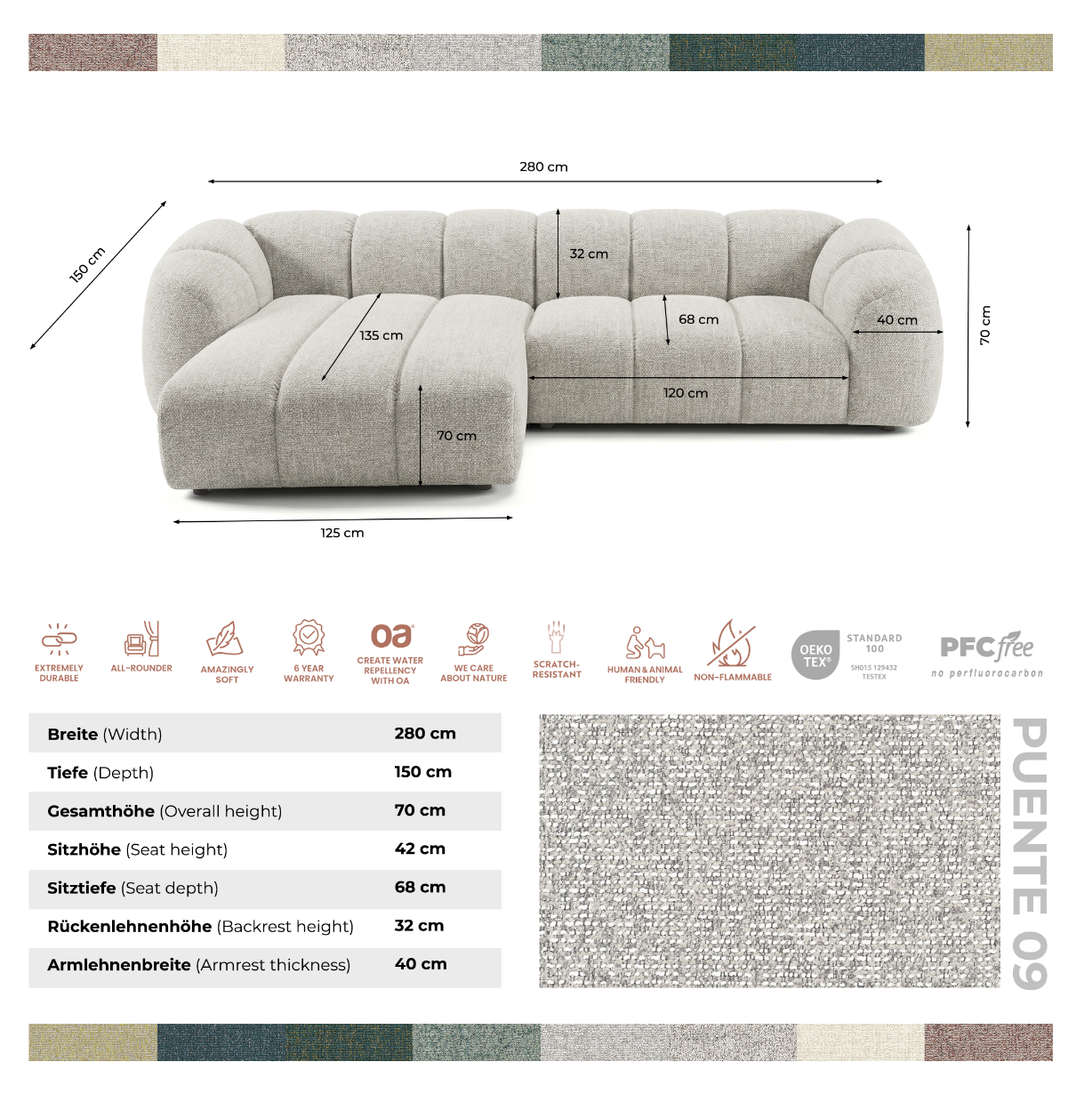 Narożna sofa Mali Design 280 x 150 cm w kształcie litery L - Puf po lewej stronie