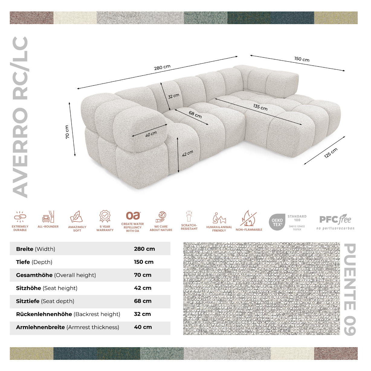 Kanapa narożna AVERRO 280 x 150 cm  – nowoczesna kanapa typu „bubble”