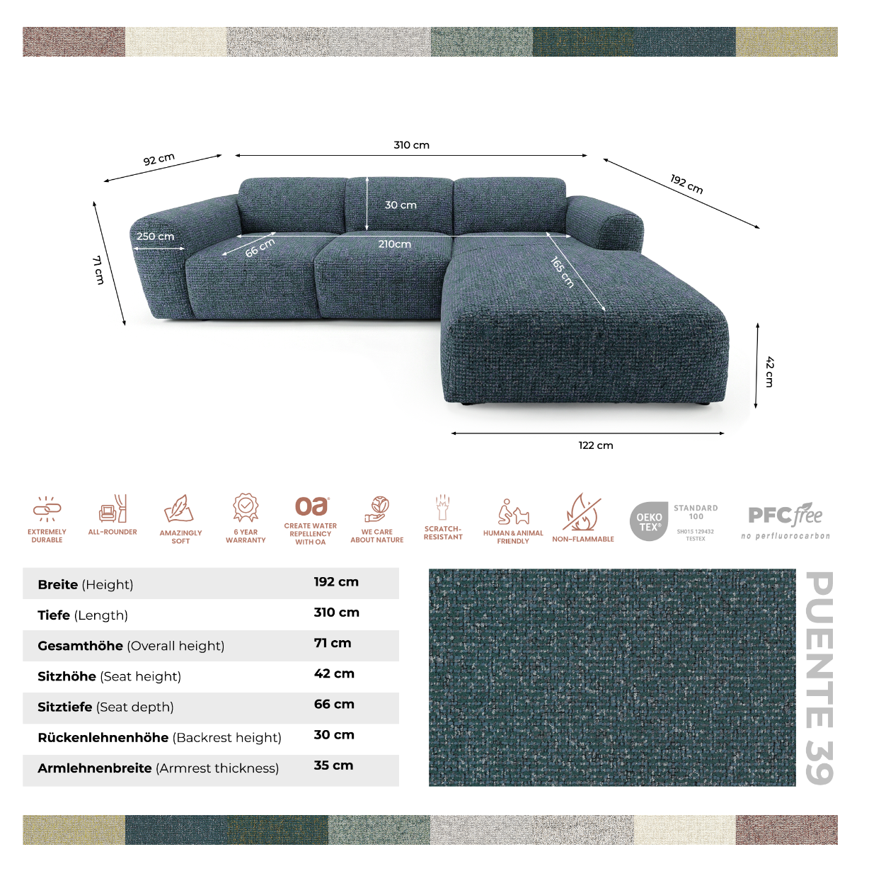 Designowa sofa narożna GIN 310 x 192 cm | Półokrągła podnóżka po prawej stronie