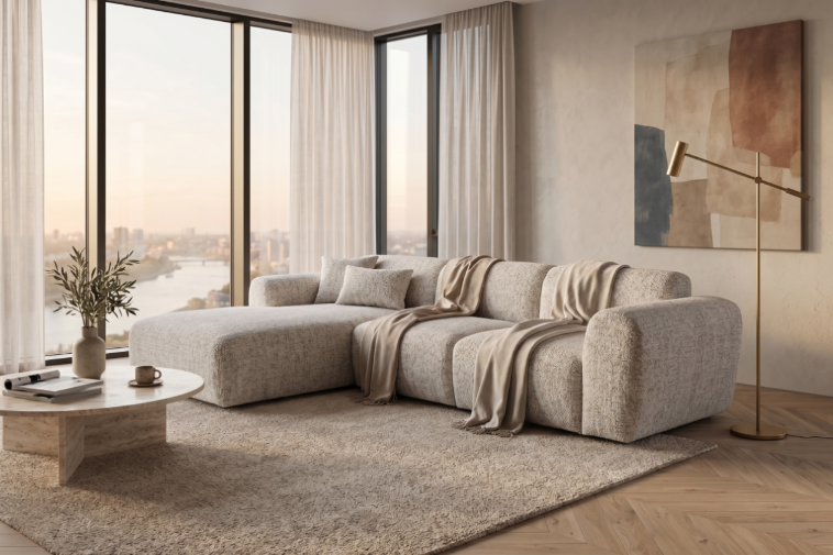 Designowa sofa narożna GIN 310 x 192 cm w kształcie litery L, pufa po lewej stronie