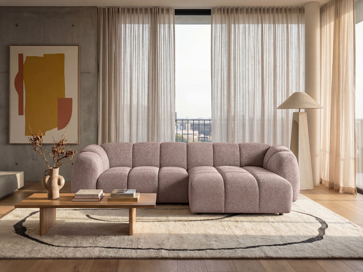 Narożna sofa Mali Design 280 x 150 cm w kształcie litery L - Puf po prawej stronie