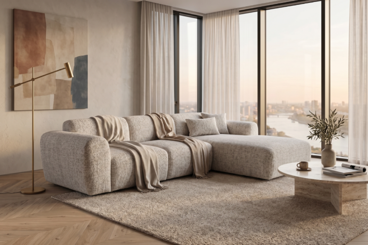 Designowa sofa narożna GIN 310 x 192 cm | Półokrągła podnóżka po prawej stronie
