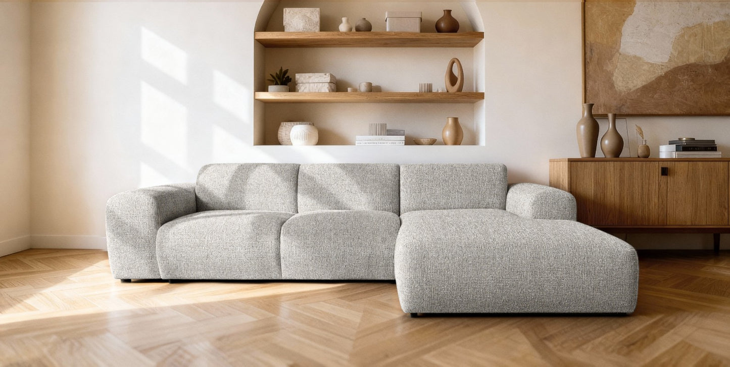 Designowa sofa narożna GIN 310 x 192 cm | Półokrągła podnóżka po prawej stronie