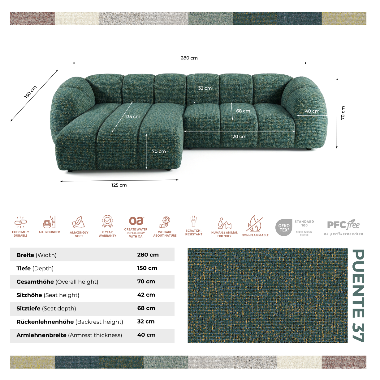 Narożna sofa Mali Design 280 x 150 cm w kształcie litery L - Puf po lewej stronie
