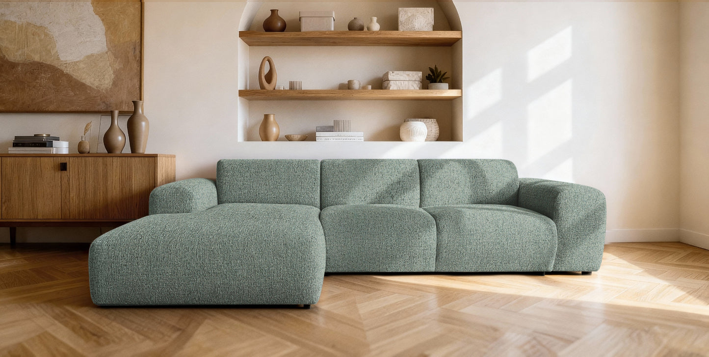 Designowa sofa narożna GIN 310 x 192 cm w kształcie litery L, pufa po lewej stronie