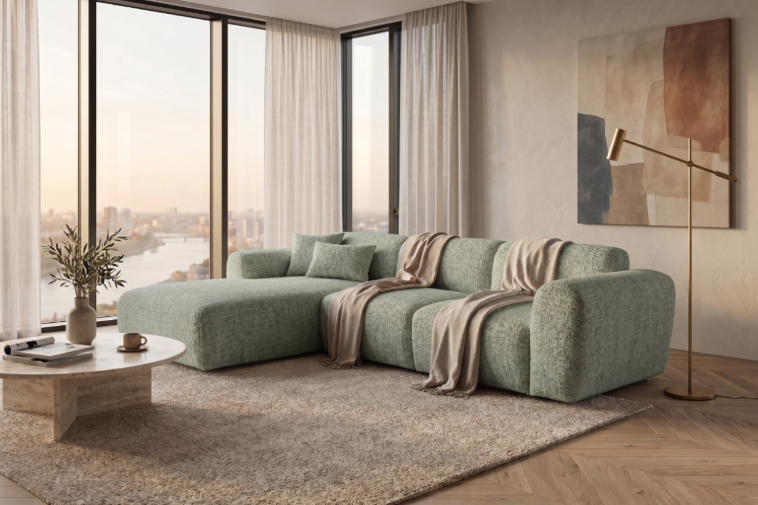 Designowa sofa narożna GIN 310 x 192 cm w kształcie litery L, pufa po lewej stronie