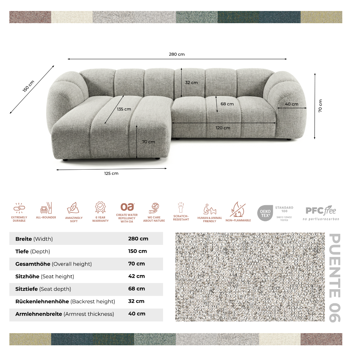 Narożna sofa Mali Design 280 x 150 cm w kształcie litery L - Puf po prawej stronie