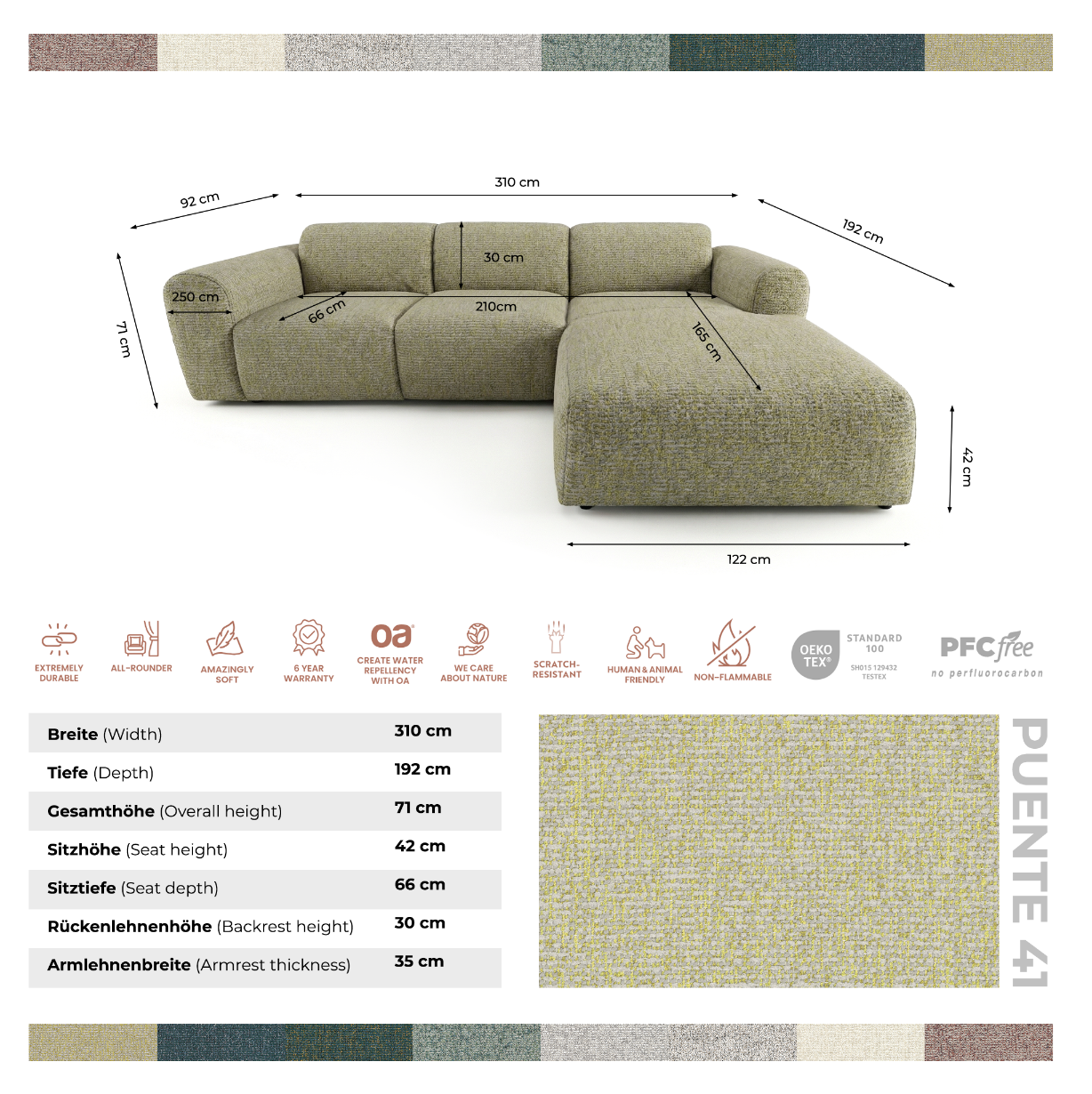 Designowa sofa narożna GIN 310 x 192 cm w kształcie litery L, pufa po lewej stronie