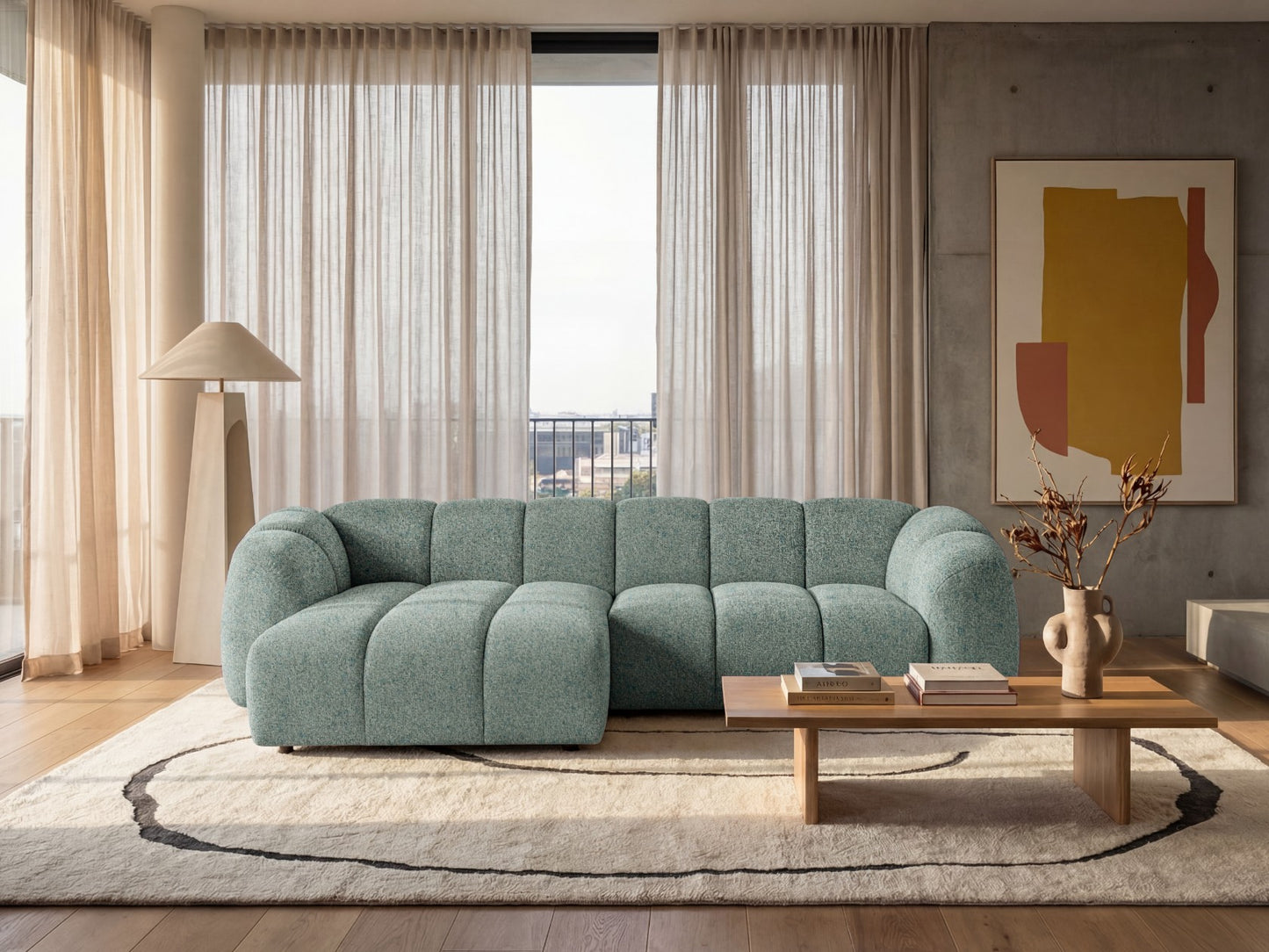 Narożna sofa Mali Design 280 x 150 cm w kształcie litery L - Puf po lewej stronie