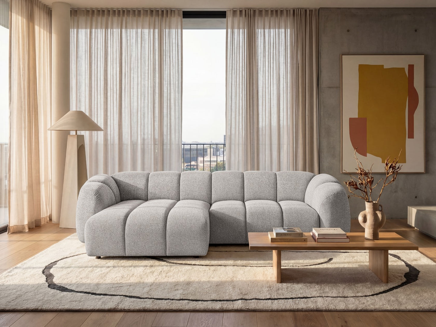 Narożna sofa Mali Design 280 x 150 cm w kształcie litery L - Puf po lewej stronie