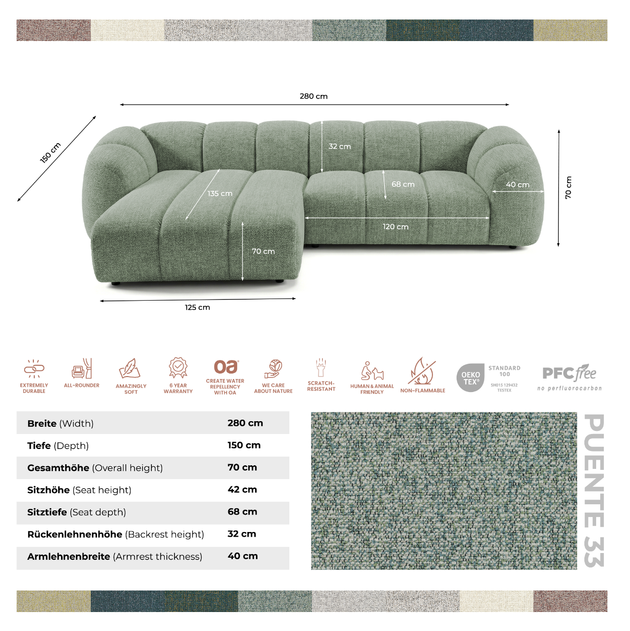 Narożna sofa Mali Design 280 x 150 cm w kształcie litery L - Puf po lewej stronie