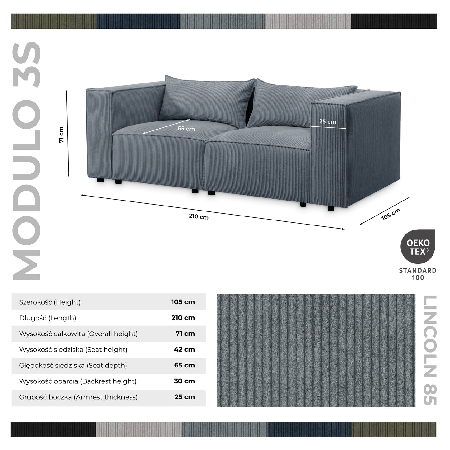 Sofa MODULO 3S 210 x 105 cm Lincoln Czarny 100 – Nowoczesny styl wypoczynkowy