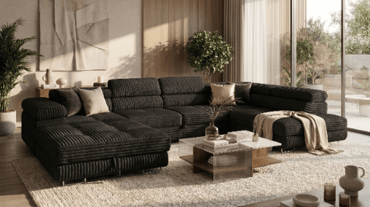 Ensemble de salon Cordo U XXL – en forme de U avec fonction couchage et 2 coffres à linge de maison – pouf à droite