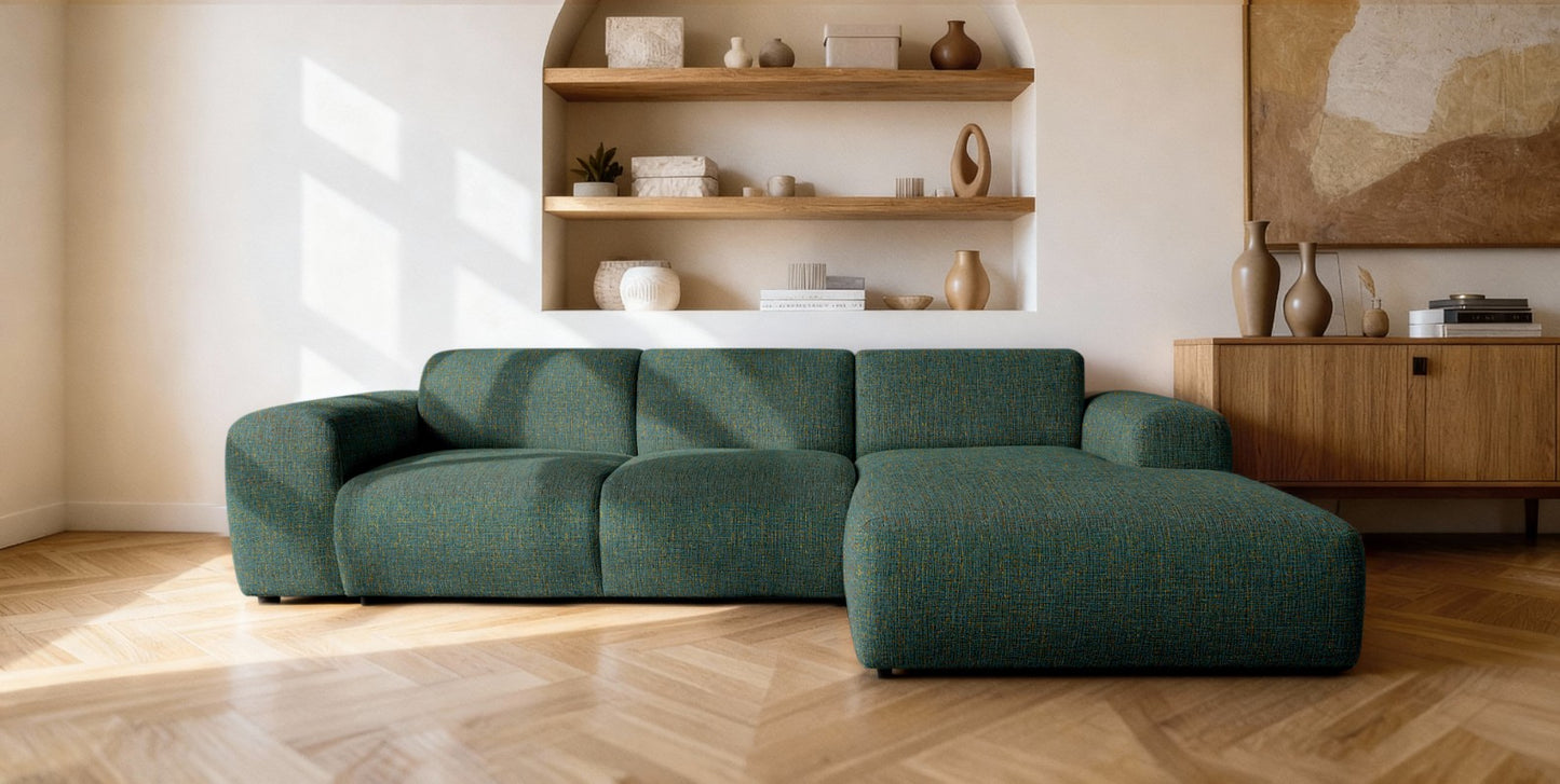 Designowa sofa narożna GIN 310 x 192 cm | Półokrągła podnóżka po prawej stronie
