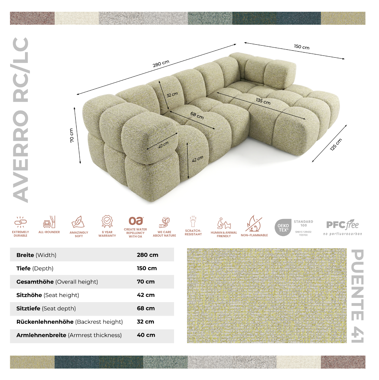 Kanapa narożna AVERRO 280 x 150 cm z pufem po PRAWEJ stronie – nowoczesna kanapa typu „bubble”