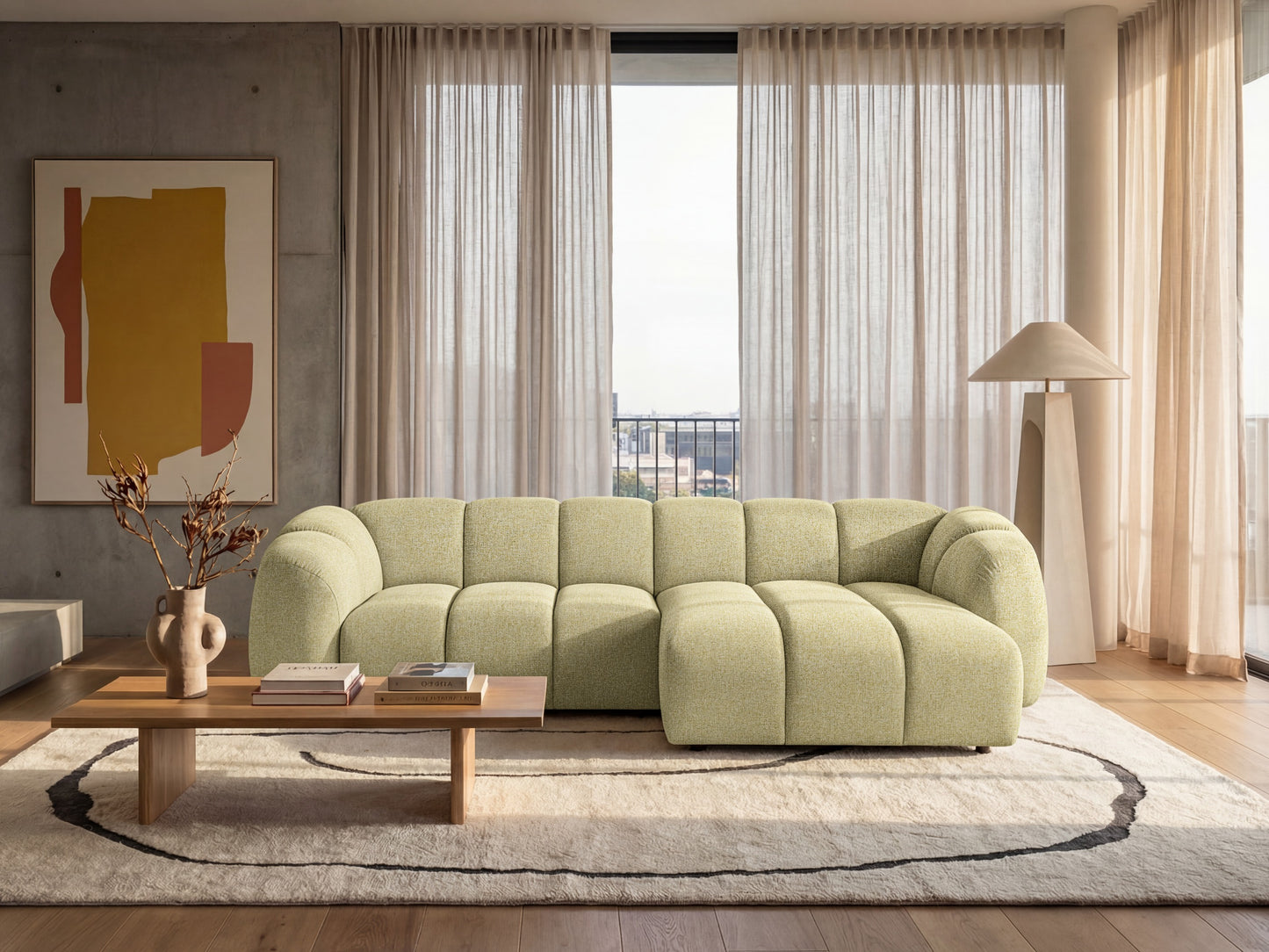 Narożna sofa Mali Design 280 x 150 cm w kształcie litery L - Puf po prawej stronie