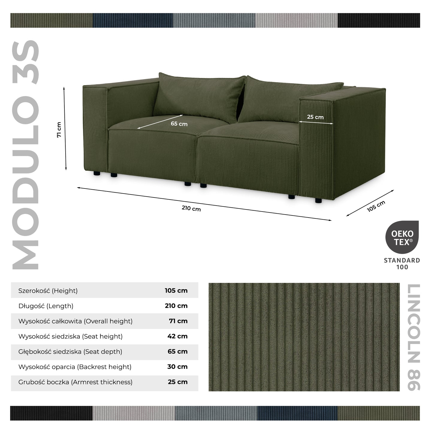 Sofa MODULO 3S 210 x 105 cm Lincoln Czarny 100 – Nowoczesny styl wypoczynkowy