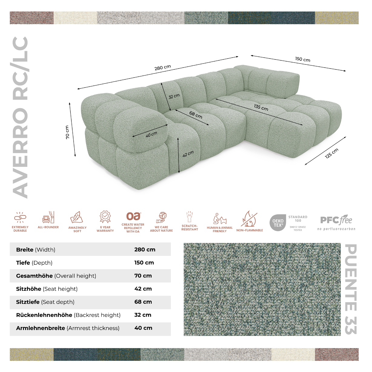 Kanapa narożna AVERRO 280 x 150 cm  – nowoczesna kanapa typu „bubble”