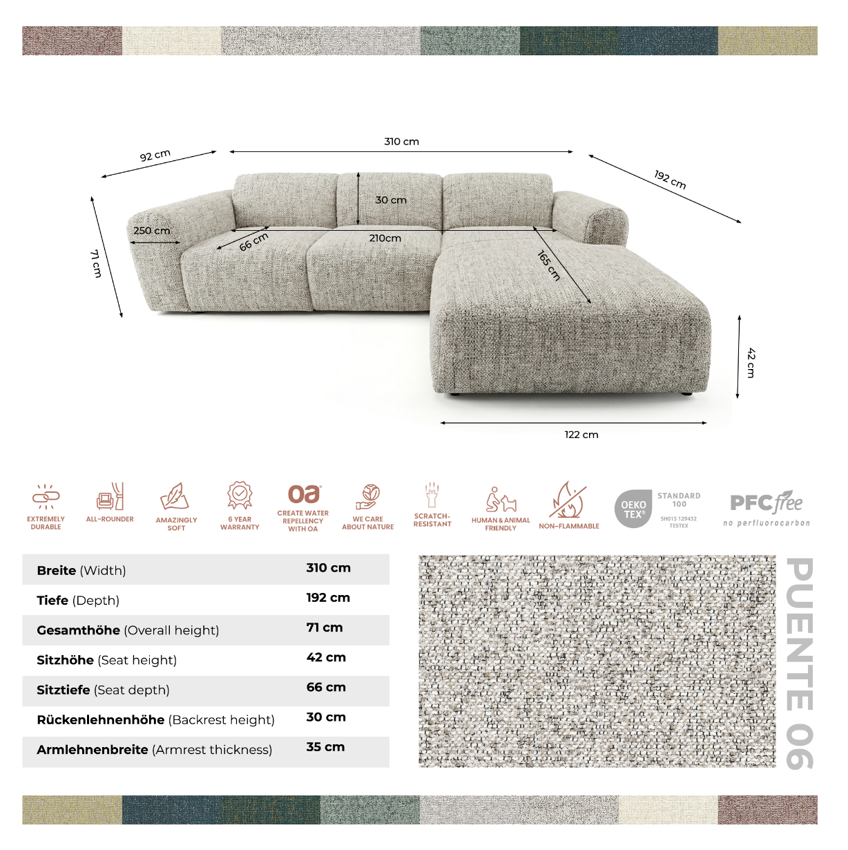 Designowa sofa narożna GIN 310 x 192 cm w kształcie litery L, pufa po lewej stronie