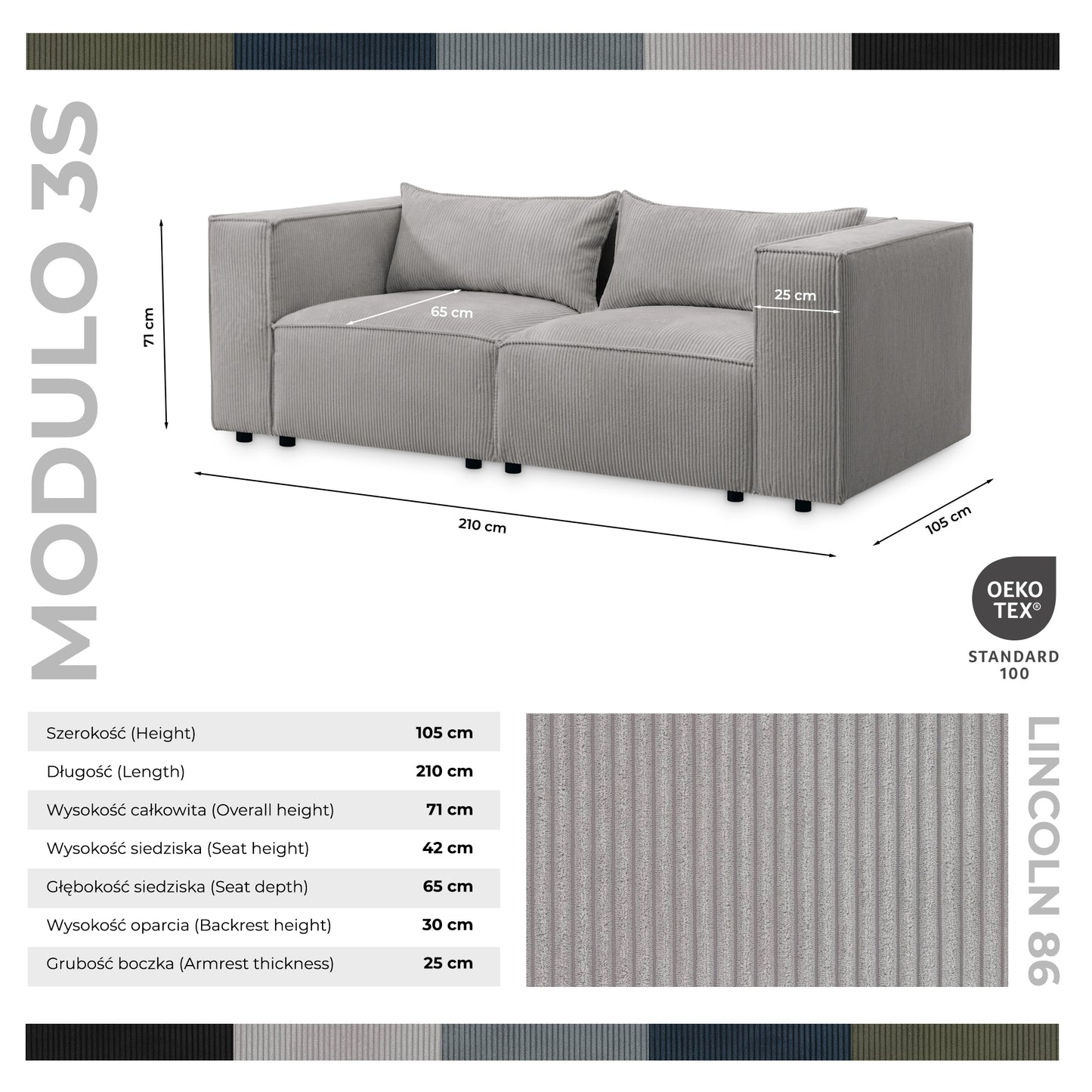 Sofa MODULO 3S 210 x 105 cm Lincoln Czarny 100 – Nowoczesny styl wypoczynkowy
