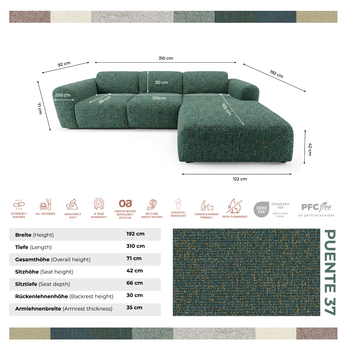 Designowa sofa narożna GIN 310 x 192 cm | Półokrągła podnóżka po prawej stronie