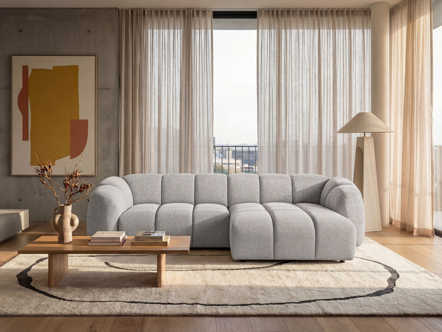 Narożna sofa Mali Design 280 x 150 cm w kształcie litery L - Puf po prawej stronie