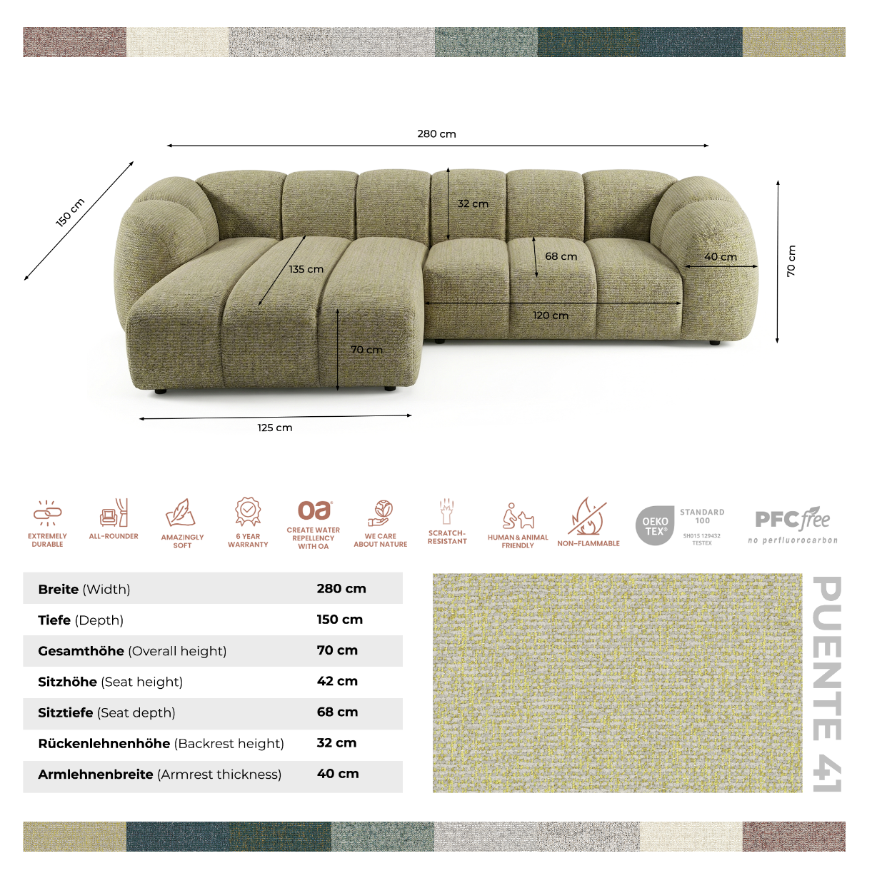 Narożna sofa Mali Design 280 x 150 cm w kształcie litery L - Puf po prawej stronie
