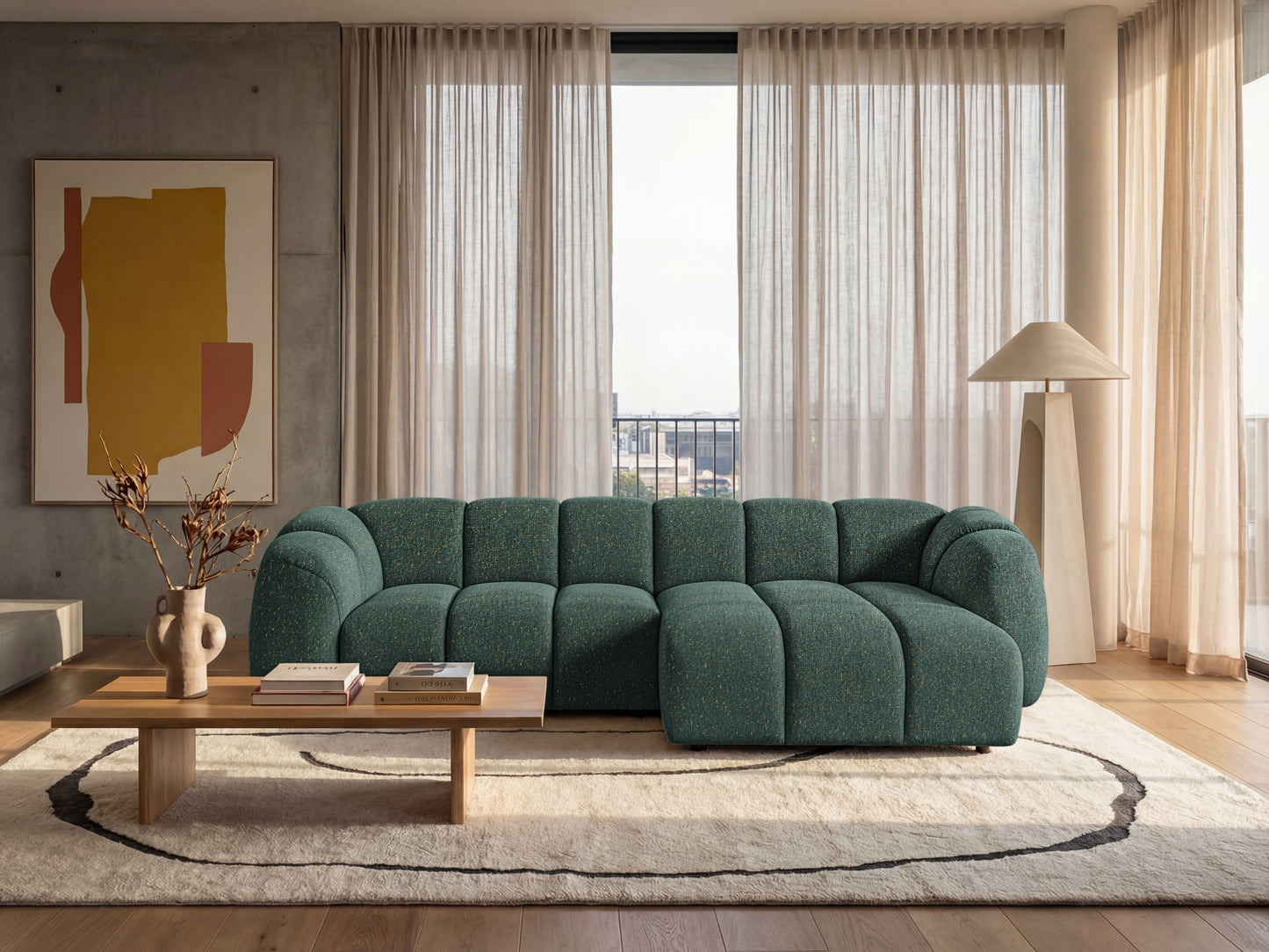 Narożna sofa Mali Design 280 x 150 cm w kształcie litery L - Puf po prawej stronie