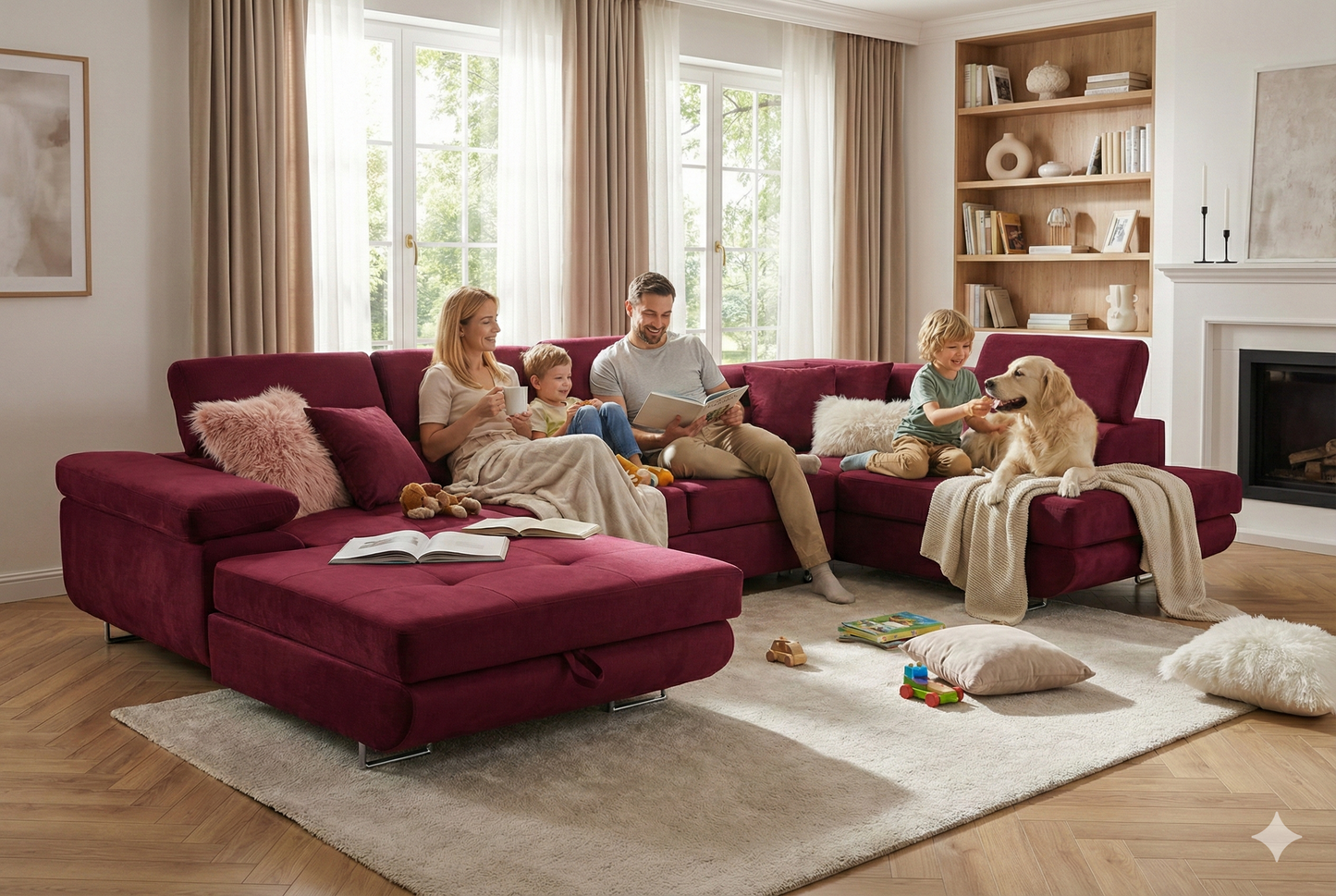 Narożnik Aller U Monolith XXL z funkcją spania, 2 schowkami i regulowanymi zagłówkami — prawy, czerwony