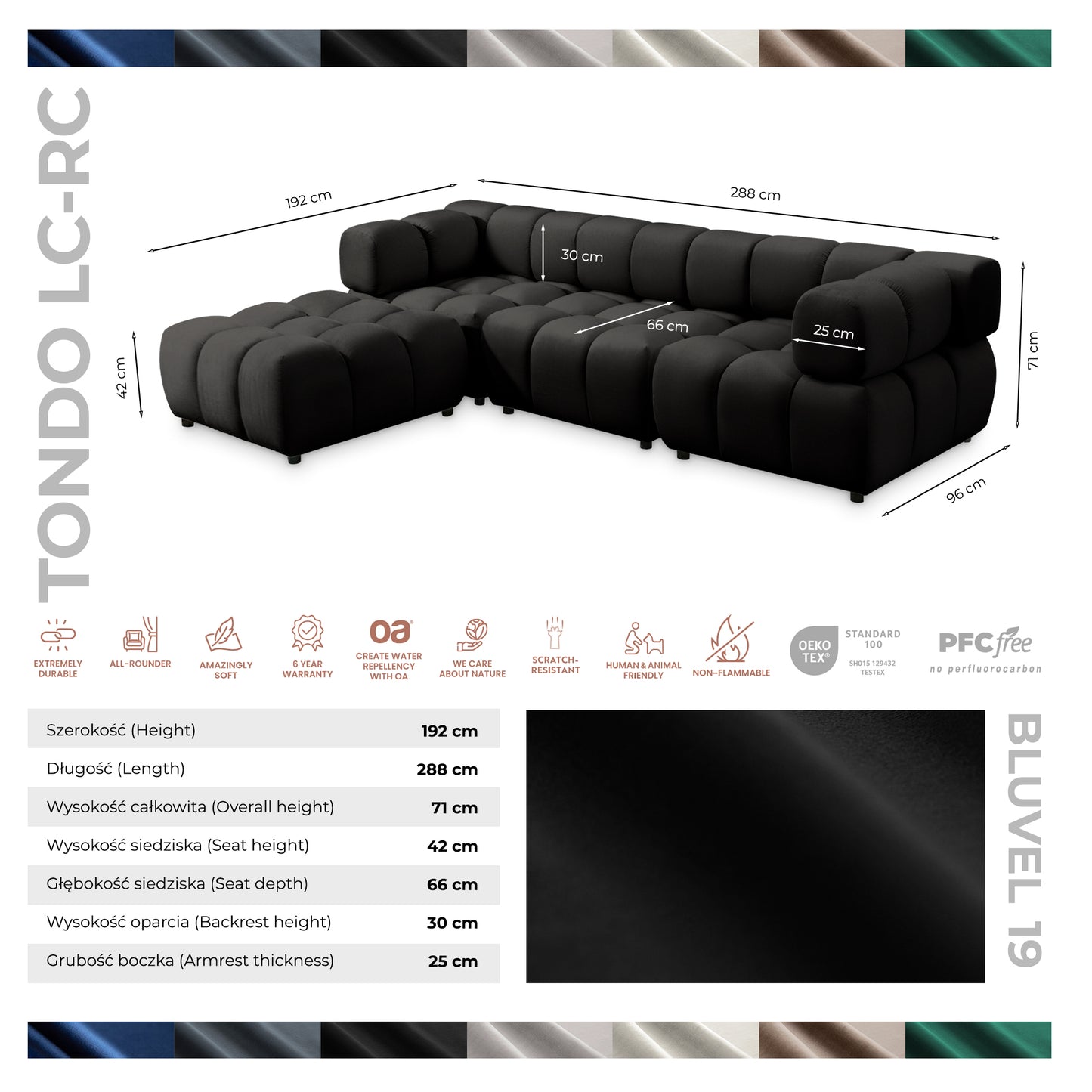 Kanapa narożna TONDO LC/RC 192 x 288 cm Bluvel 19, czarna
