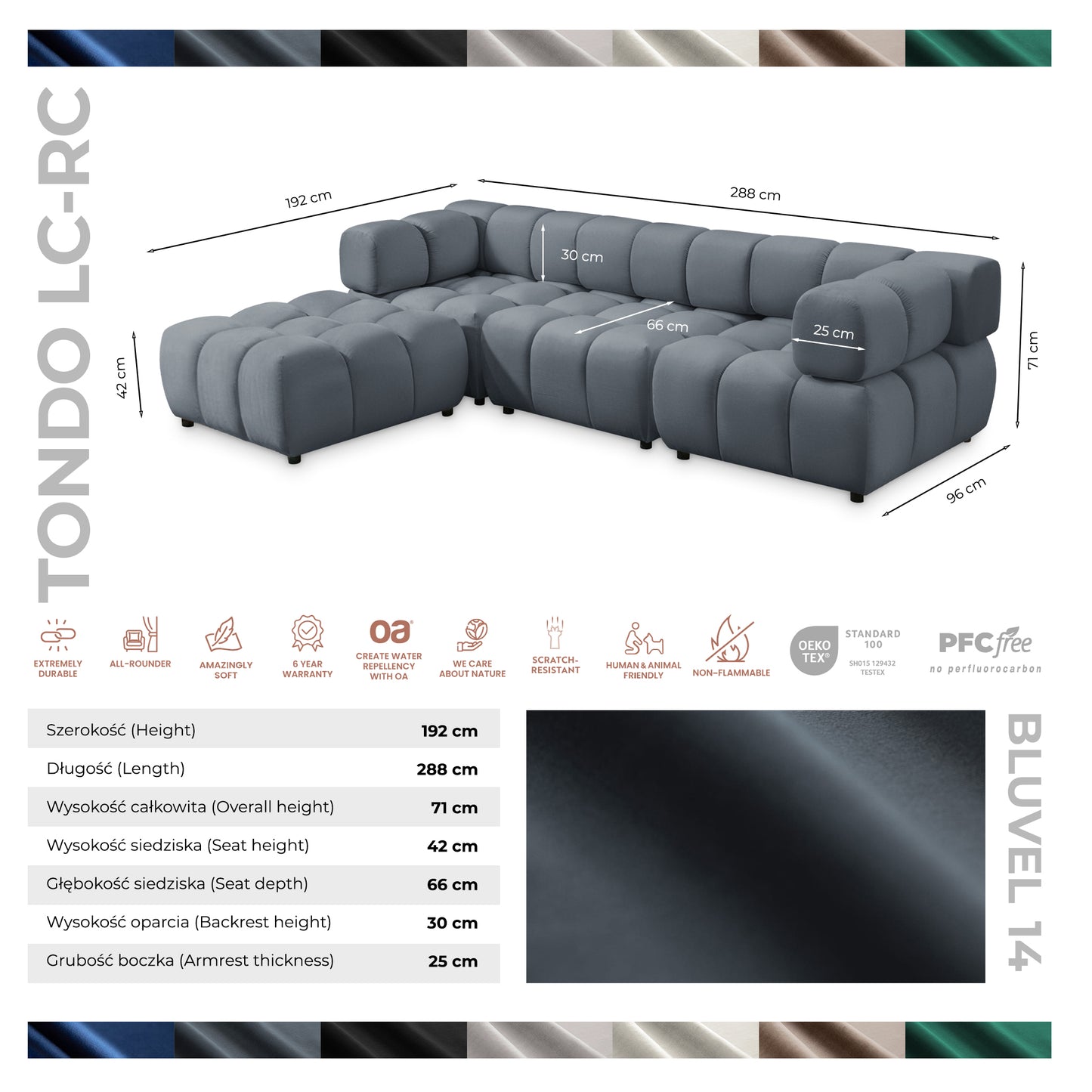 Kanapa narożna TONDO LC/RC 192 x 288 cm Bluvel 14, szara
