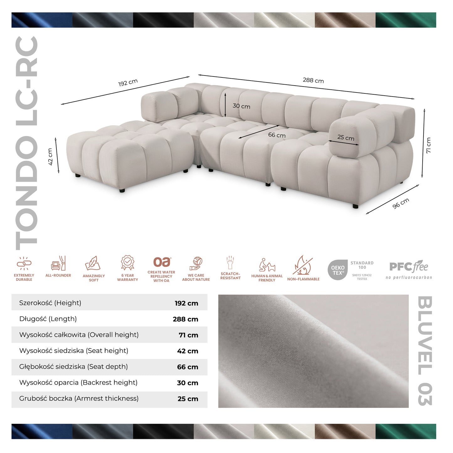 Kanapa narożna TONDO LC/RC 192 x 288 cm Bluvel 03 jasnoszara