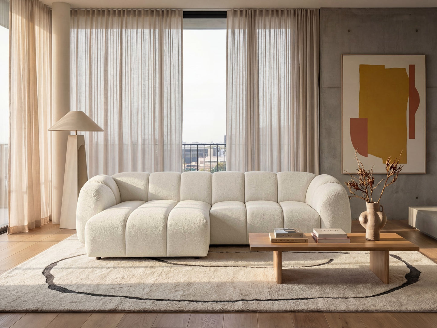 Narożna sofa Mali Design 280 x 150 cm w kształcie litery L - Puf po lewej stronie