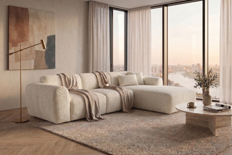 Designowa sofa narożna GIN 310 x 192 cm | Półokrągła podnóżka po prawej stronie