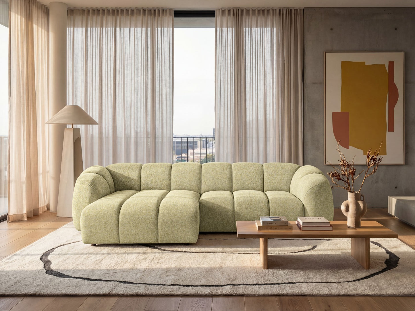Narożna sofa Mali Design 280 x 150 cm w kształcie litery L - Puf po lewej stronie