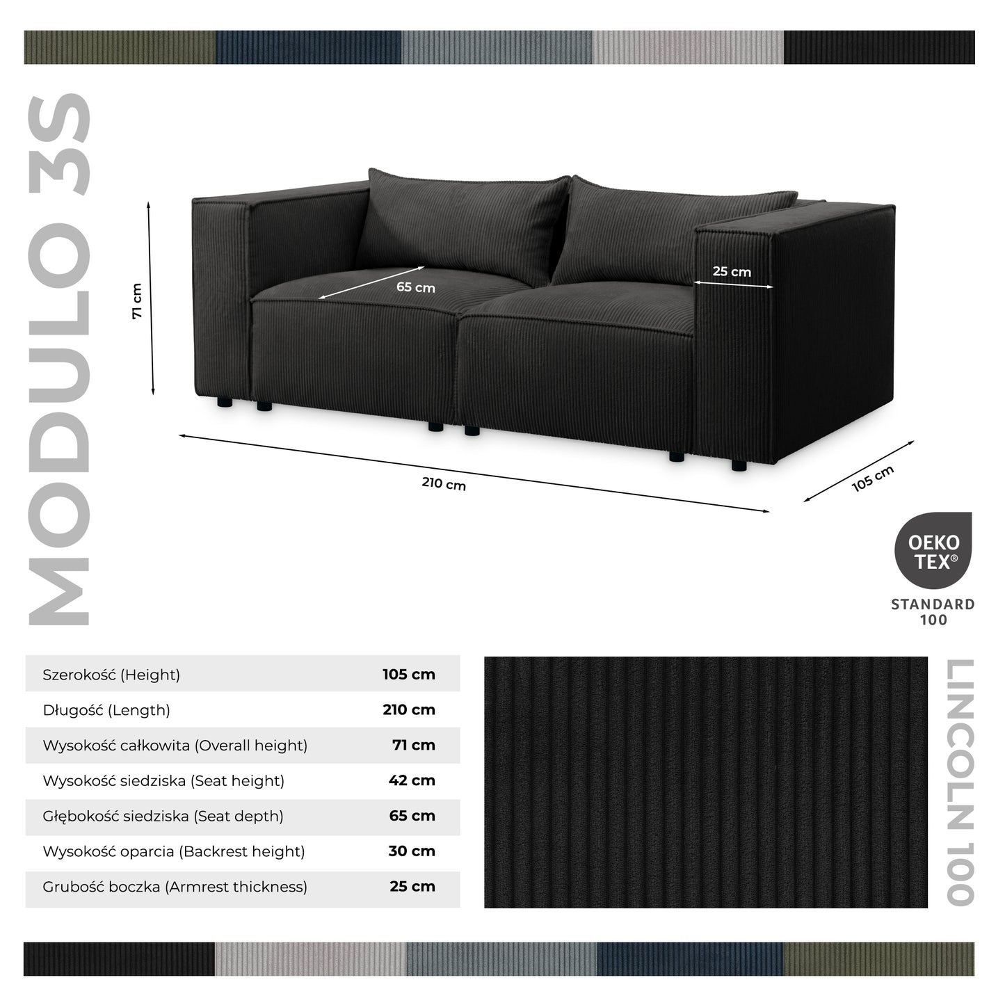 Sofa MODULO 3S 210 x 105 cm Lincoln Czarny 100 – Nowoczesny styl wypoczynkowy