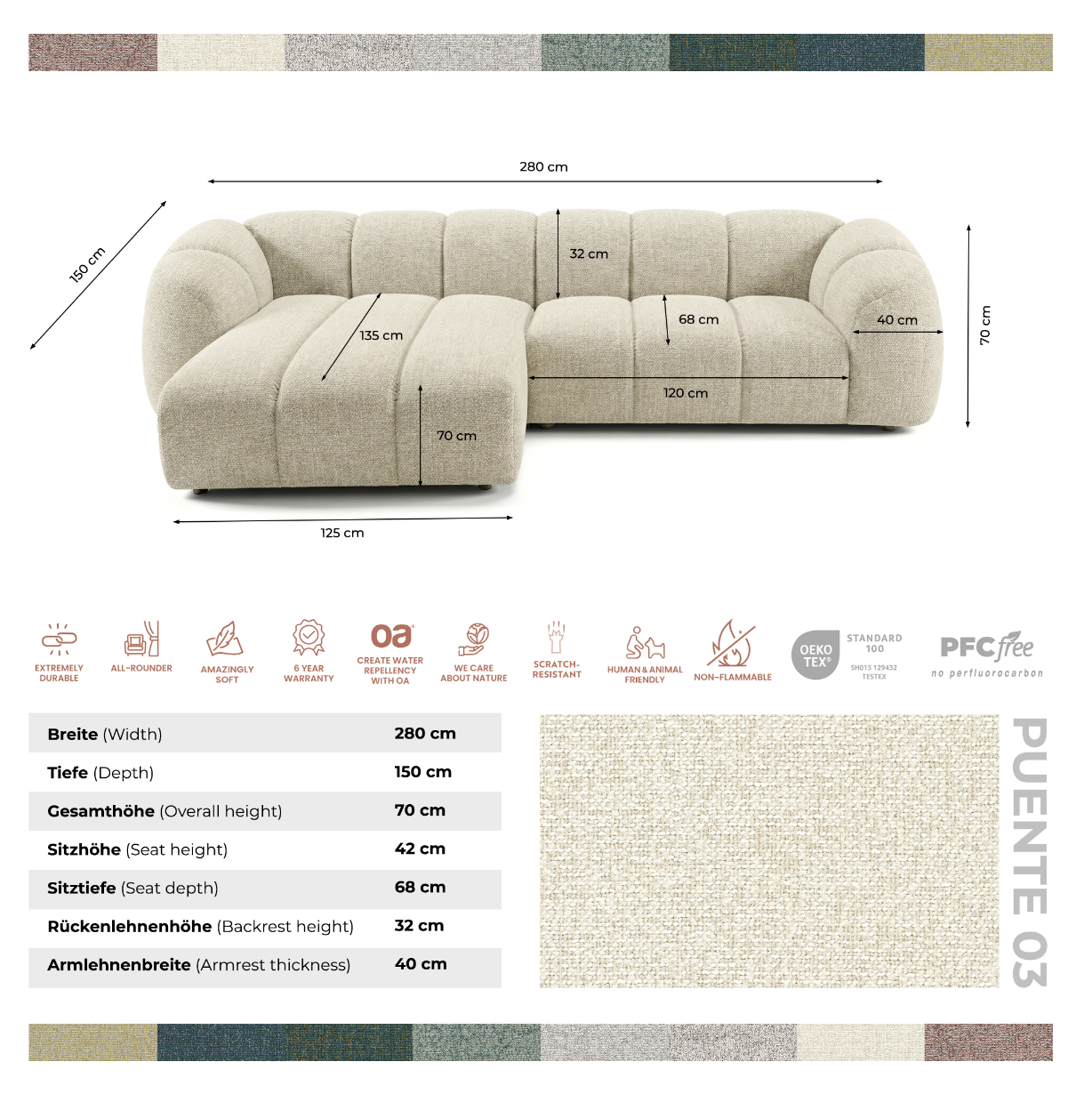 Narożna sofa Mali Design 280 x 150 cm w kształcie litery L - Puf po lewej stronie