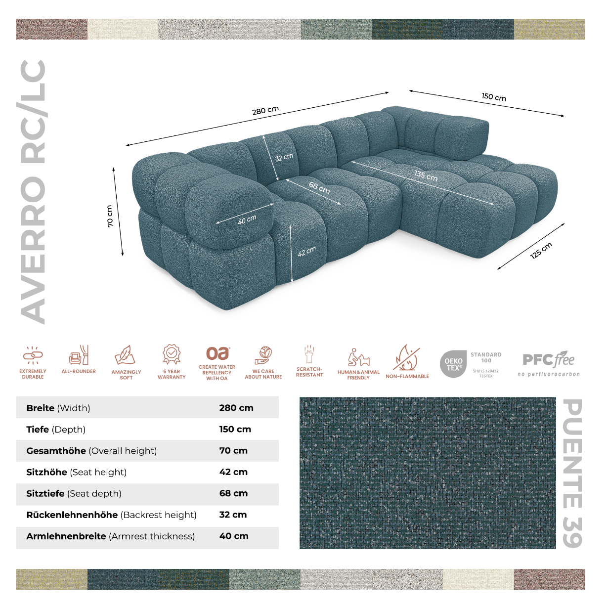 Kanapa narożna AVERRO 280 x 150 cm  – nowoczesna kanapa typu „bubble”